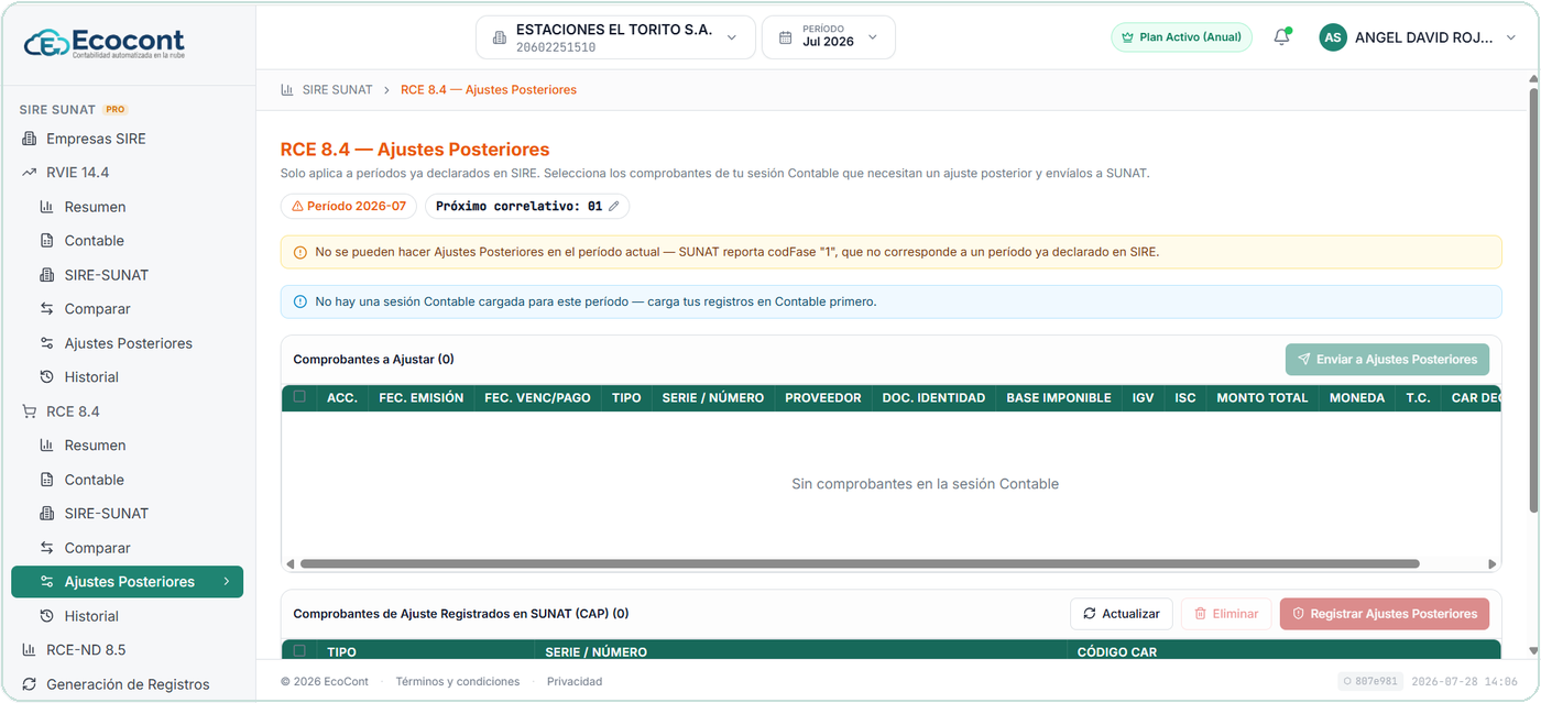 RCE 8.4 — Ajustes Posteriores: correcciones sobre períodos ya declarados.