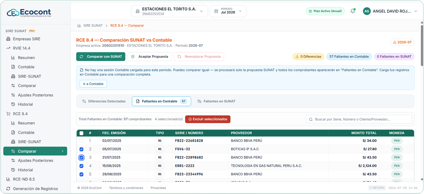 RCE 8.4 — Comparación SUNAT vs Contable: diferencias, faltantes en Contable y faltantes en SUNAT.