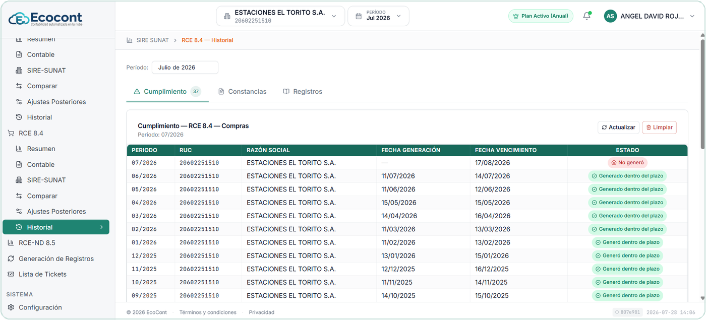 RCE 8.4 — Historial: cumplimiento por período, constancias y estado ante SUNAT.