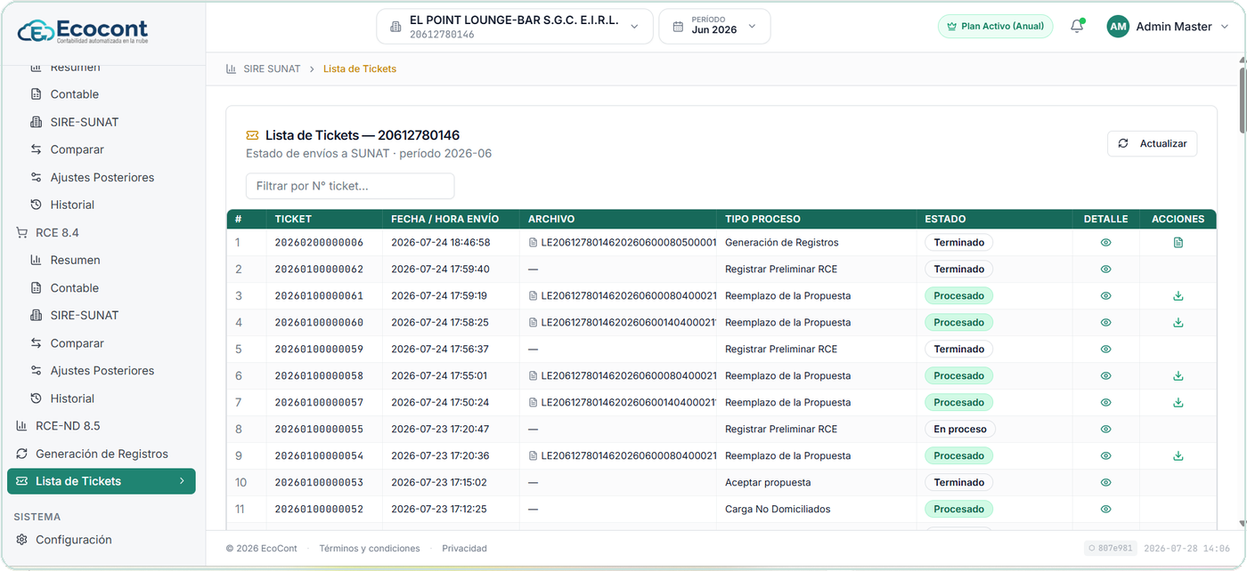Lista de Tickets — estado de cada envío a SUNAT, con archivos y detalle.
